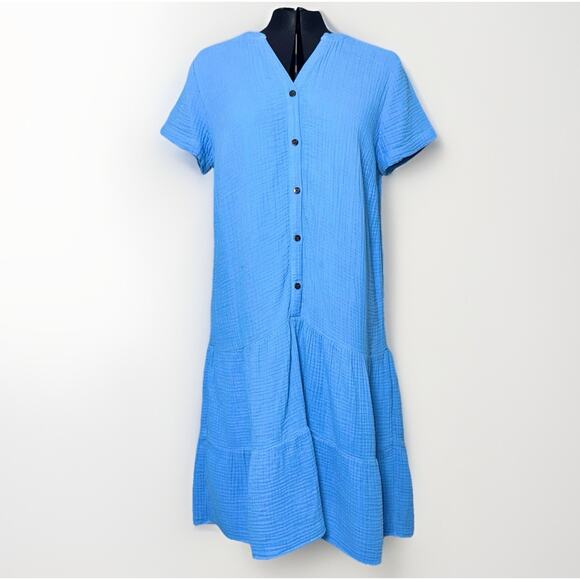 J Jill Ice Blue Small Tier Gauze Drop Waist Dress Button Midi Lagenlook Cottage - Picture 1 of 8